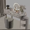 Elegant Modern Dressing Table With Round Mirror Velvet Stool And Flower Vase Storage Drawers