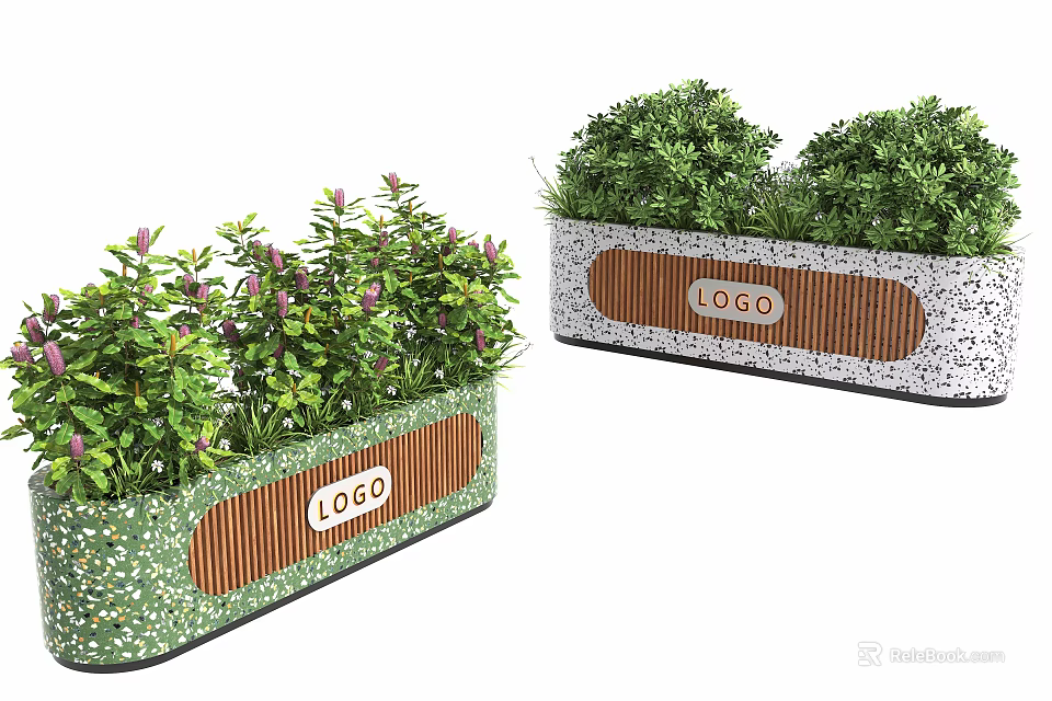 Bonsai Potted Plants in Rectangular Planters with Wooden Strips Speckled Pattern and LOGO Label 3d model 
