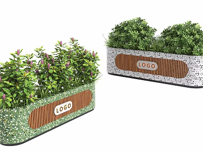 Bonsai Potted Plants in Rectangular Planters with Wooden Strips Speckled Pattern and LOGO Label 3d model