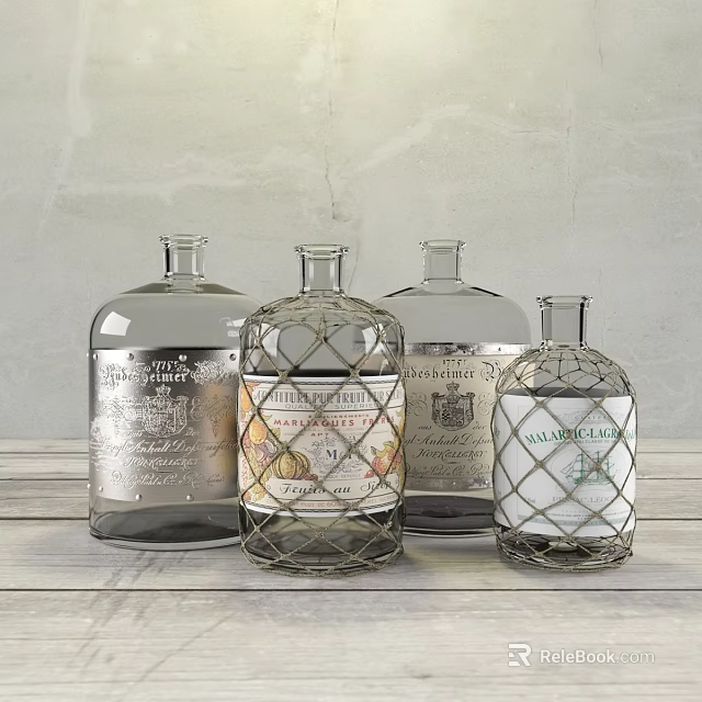 Glass Vases With Decorative Labels And Wire Mesh On Wooden Tabletop Gray Background 3d model 