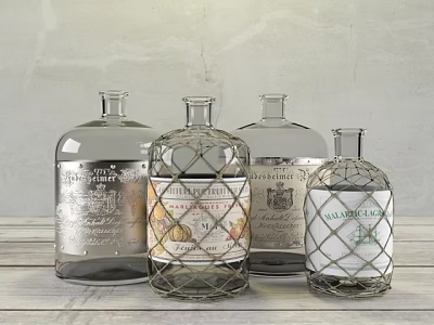 Glass Vases With Decorative Labels And Wire Mesh On Wooden Tabletop Gray Background 3d model