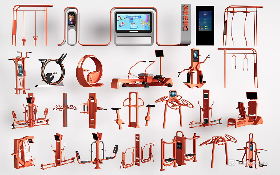 Orange Variety of Fitness Equipment Including Treadmills Dumbbells And Exercise Machines 3d model