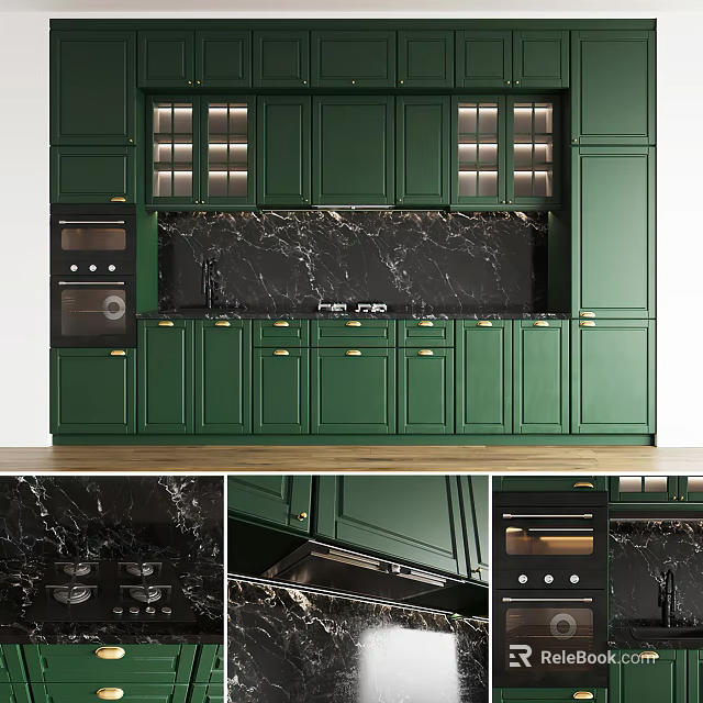 Elegant Green Kitchen Interior With Marble Backsplash Gold Handles And Built-in Oven 3d model 