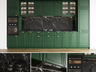 Elegant Green Kitchen Interior With Marble Backsplash Gold Handles And Built-in Oven 3d model