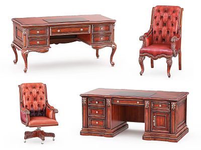 Traditional Wooden Desk With Carved Legs Drawers And Red Leather Chairs 3d model