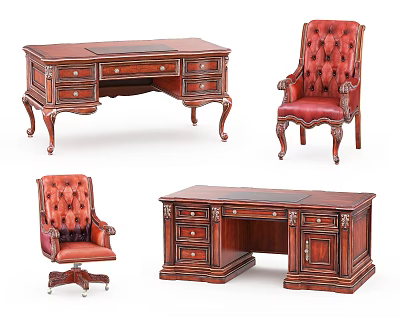 Traditional Wooden Desk With Carved Legs Drawers And Red Leather Chairs 3d model