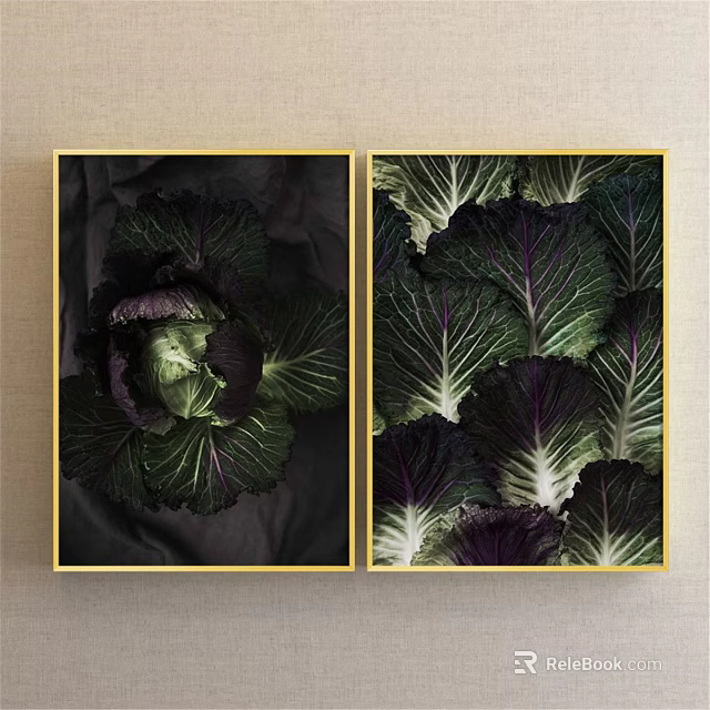 Botanical Art Featuring Dark Purple And Green Cabbage Leaves With Golden Frames On Dark Background 3d model 