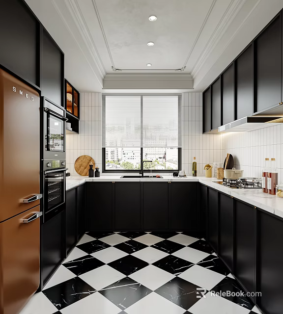 Modern Kitchen Interior Design With Black Cabinets White Countertops Appliances And Checkered Floor 3d model 