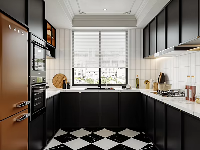 Modern Kitchen Interior Design With Black Cabinets White Countertops Appliances And Checkered Floor 3d model
