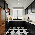 Modern Kitchen Interior Design With Black Cabinets White Countertops Appliances And Checkered Floor