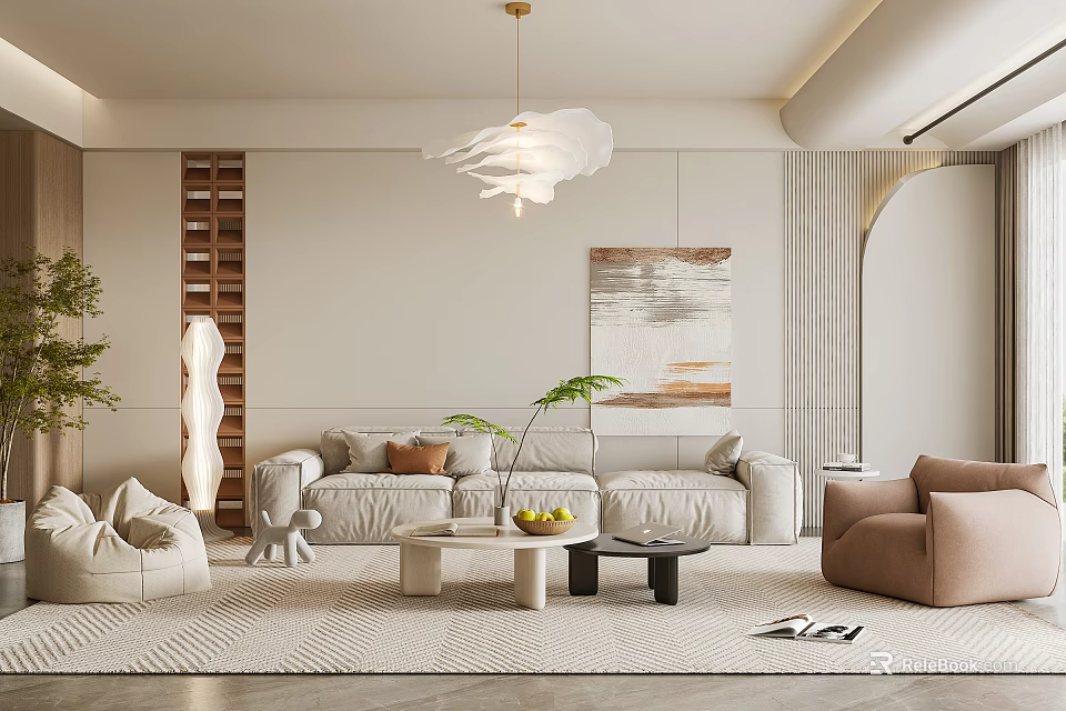Modern Living Room With Beige Sofa Rug Coffee Tables Pendant Light Wall Art Arched Doorway 3d model 