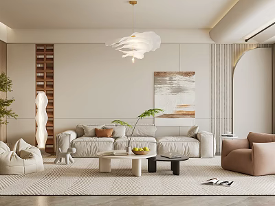 Modern Living Room With Beige Sofa Rug Coffee Tables Pendant Light Wall Art Arched Doorway 3d model