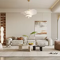 Modern Living Room With Beige Sofa Rug Coffee Tables Pendant Light Wall Art Arched Doorway