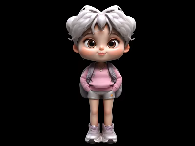 Adorable White Curly Hair Doll Wearing Pink Top Gray Backpack Short Pants And White Shoes 3d model
