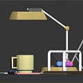 Modern Office Desk Setup With Gold Desk Lamp Silver Laptop Calculator And Blue Pen