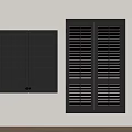 Black Double Window Shutters in Different Sizes Mounted on Light Colored Wall with Wooden Floor
