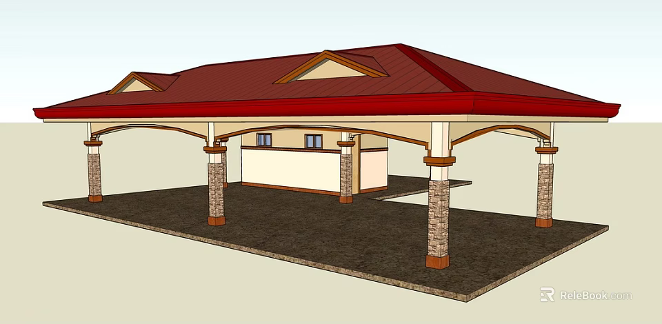 Stylish Pergola With Red Gabled Roof Stone Columns Light Colored Wall And Small Windows 3d model 