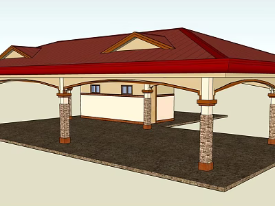 Stylish Pergola With Red Gabled Roof Stone Columns Light Colored Wall And Small Windows 3d model