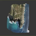 Cartoon Island Scene With Blue Sea Green Vegetation White Buildings And Tower