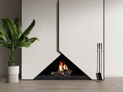 Modern Geometric Fireplace With Flames Plant And Tools 3d model