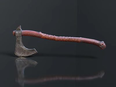 Ancient Battle Axe With Intricate Metal Head And Carved Wooden Handle 3d model