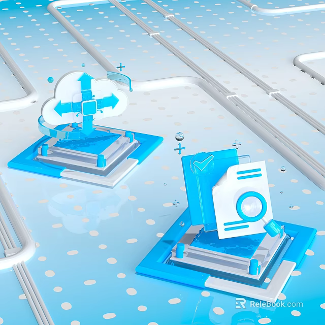 Blue Tech Icons With Cloud Folder Magnifying Glass On Light Blue Dotted Background And Pipes 3d model 