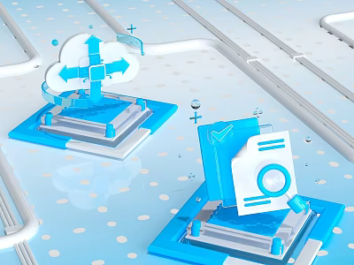 Blue Tech Icons With Cloud Folder Magnifying Glass On Light Blue Dotted Background And Pipes 3d model