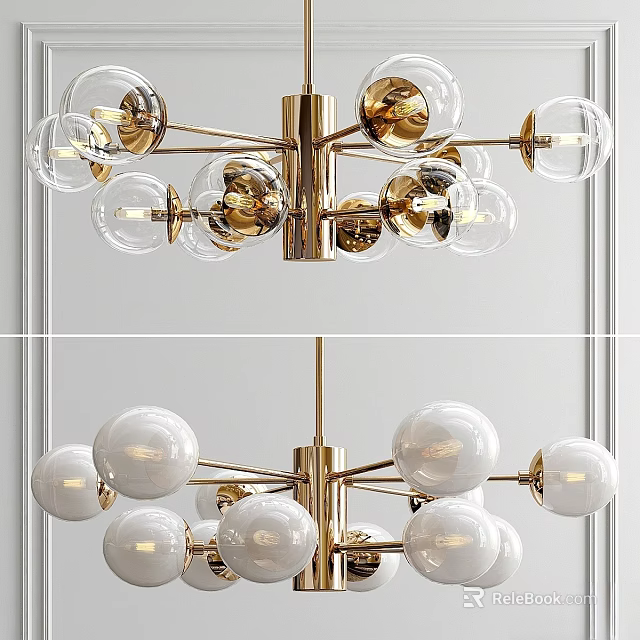 Modern Chandelier Featuring Glass Globes And White Spheres On Gold Frame 3d model 
