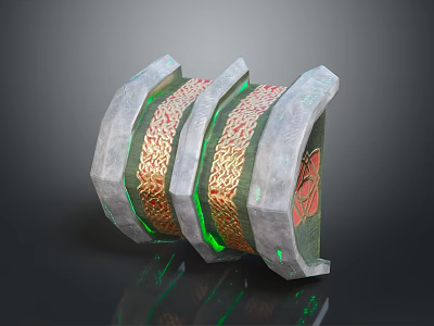 Three Piece Gray Framed Decorative Living Accessory With Gold Patterns And Green Glow 3d model