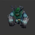 Mythical Creature Character With Green Antlers Teal Body And Glowing Arm Patterns In Aggressive Stance