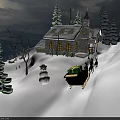 Snowy Winter Landscape With Towered House Lit Windows Pine Trees Snowman And Gift Filled Sleigh