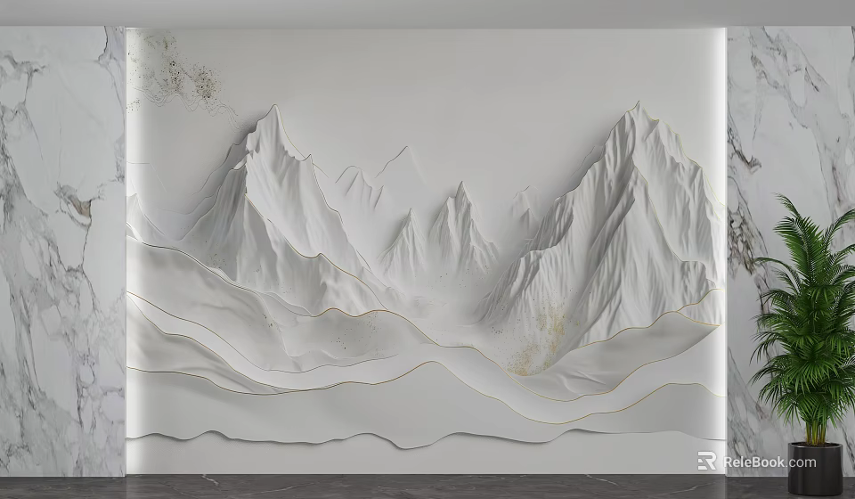 Modern 3D White Mountain Textured Wall With Golden Lines And Marble Borders 3d model 