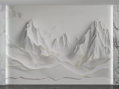 Modern 3D White Mountain Textured Wall With Golden Lines And Marble Borders 3d model