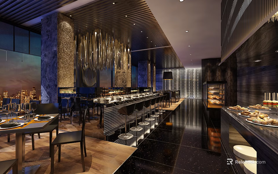 Modern Restaurant Open Design With Bar Counter Pendant Lights Large Windows Night View Dining Seats 3d model 