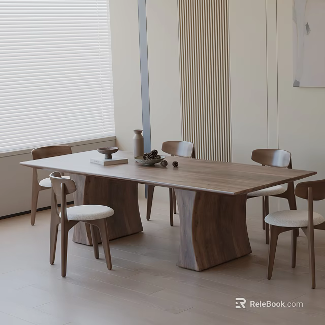 Modern Wooden Dining Table Set With Six Chairs And Decorative Vase Fruit Bowl 3d model 