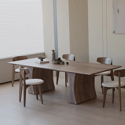 Modern Wooden Dining Table Set With Six Chairs And Decorative Vase Fruit Bowl 3d model