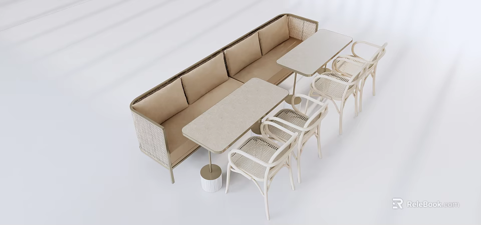Modern Minimalist Dining Set With Banquette Seating Rattan Chairs And Rectangular Tables 3d model