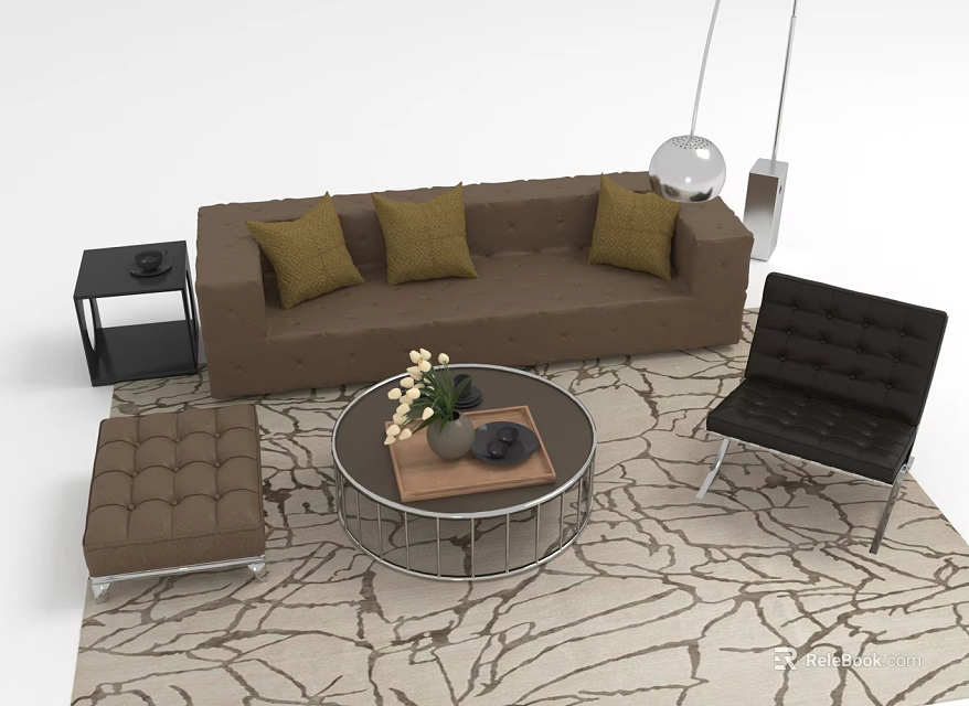 Brown Sofa With Yellow Cushions Round Glass Coffee Table Set With Ottoman And Patterned Rug 3d model 