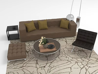 Brown Sofa With Yellow Cushions Round Glass Coffee Table Set With Ottoman And Patterned Rug 3d model
