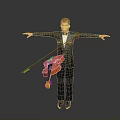 Man With Red Hair In Black Suit Holding Orange Violin Arms Outstretched On Gray Background