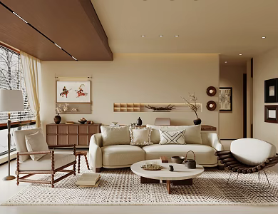 Quiet Living Room Without Main Lamp Living Room Middle Style Living Room Fabric Sofa Coffee Table Combination Leisure Chair Middle Style Ornaments Combination Bucket Cabinet Storage Cabinet 3d model