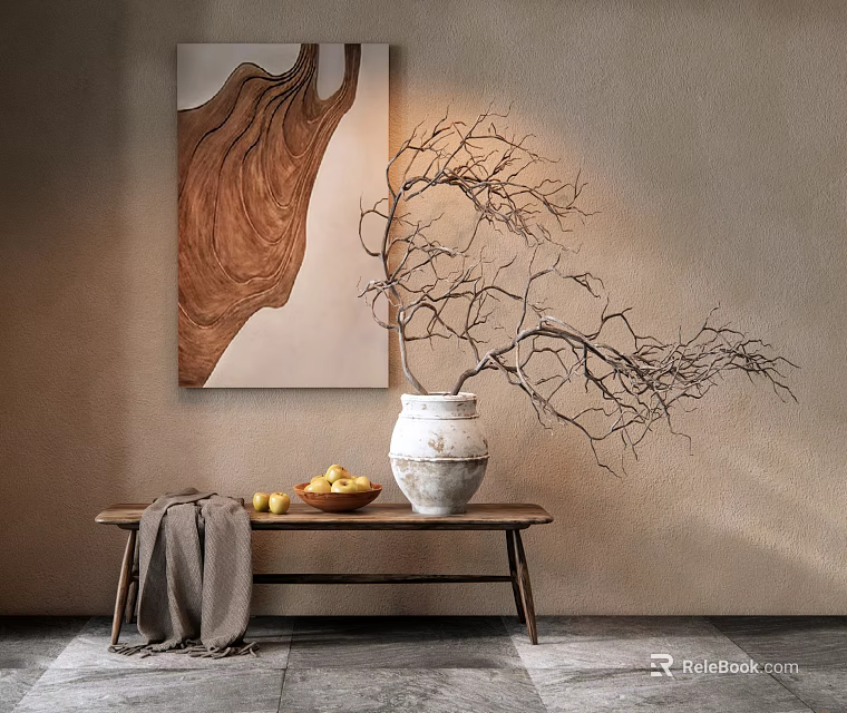 White Ceramic Vase With Dried Branches on Wooden Bench Against Beige Wall With Wooden Painting 3d model 