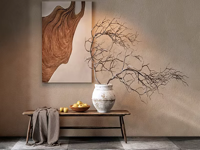 White Ceramic Vase With Dried Branches on Wooden Bench Against Beige Wall With Wooden Painting 3d model