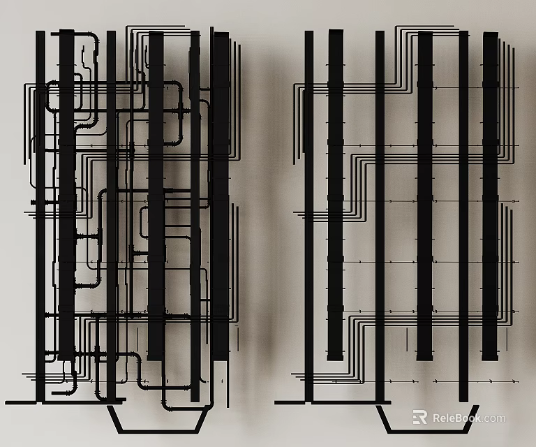 Complex Pipes System Engineering Design with Black White Dense Interlaced Lines Layout 3d model 
