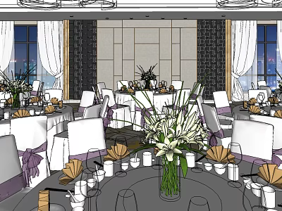 Elegant Banquet Hall Setup With Round Tables Floral Centerpieces And White Chairs 3d model