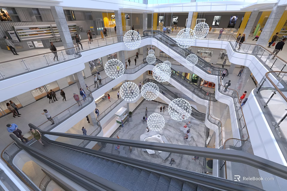 Spacious Shopping Mall Atrium Interior With Multi Level Design Hanging Spherical Lights And Visitors 3d model 