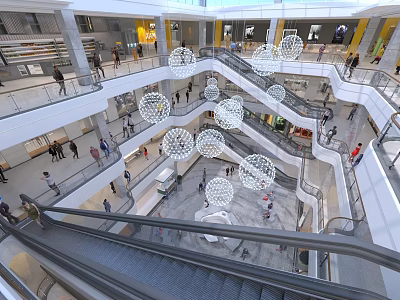 Spacious Shopping Mall Atrium Interior With Multi Level Design Hanging Spherical Lights And Visitors 3d model