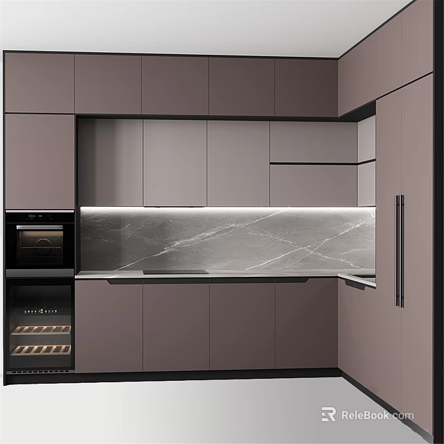 Modern Kitchen Interior Featuring Light Gray Cabinets Marble Backsplash And Built in Appliances 3d model