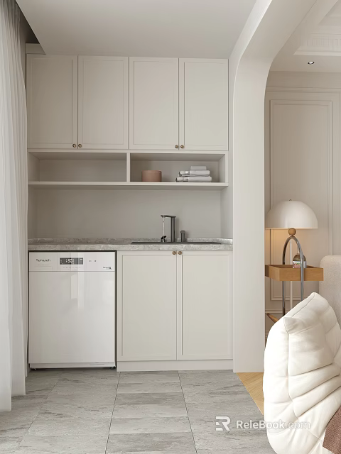 Minimalist Living Room Interior With White Cabinets Open Shelves And Table Lamp 3d model 