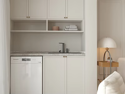 Minimalist Living Room Interior With White Cabinets Open Shelves And Table Lamp 3d model